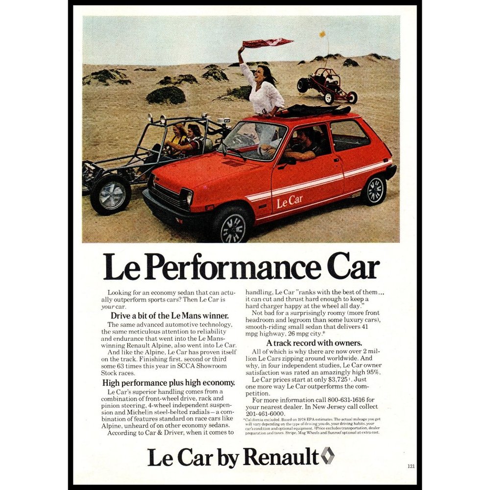 1978 Renault Le Performance Car Vintage Print Ad Desert Dune Buggy Race Wall Art